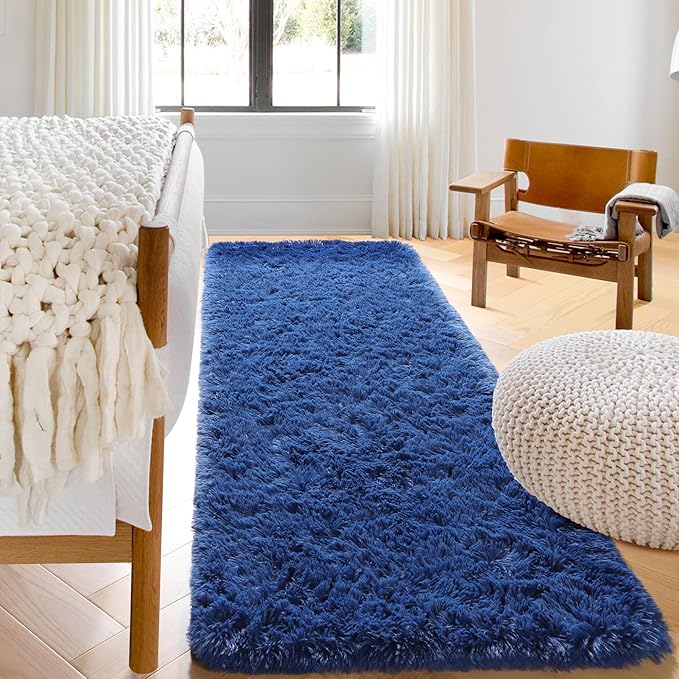 ONASAR Navy Blue Runner Rugs for Bedroom Living Room, Fluffy 2x6 Bedside Hallway Area Rug, Ultra Soft Plush Furry Faux Fur Non Slip Floor Carpet for Nursery Kids Dorm Closet Home Decor