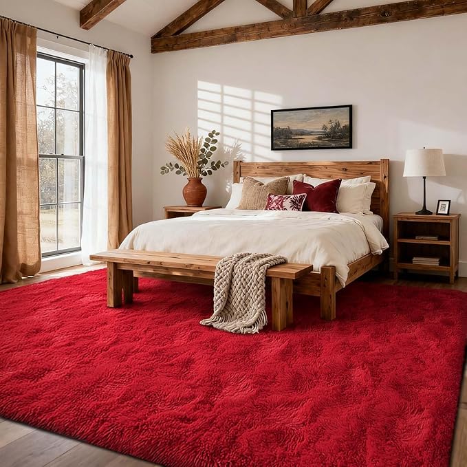6x9 Ft Red Shag Rugs for Living Room Decor, Ultra Soft Fluffy Furry Area Rugs for Bedroom Indoor Floor, Aesthetic Carpet for Kids Nursery Dorm Home