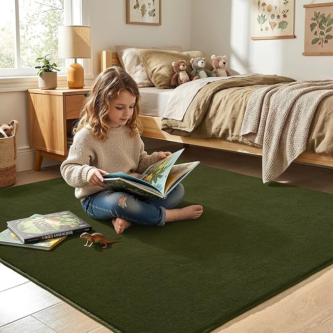 Amearea 4x4 Square Area Rugs for Bedroom Living Room, Olive Green Thickened Memory Foam Rug, Fluffy Indoor Washable Rug Non Slip Minimalist Carpet for Entryway Kids Boys Girls Dorm Nursery Room Decor