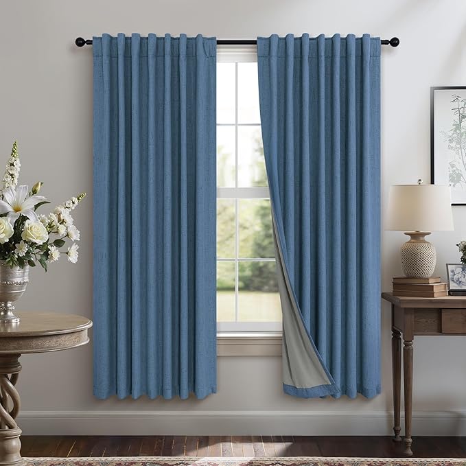 Denim Blue Living Room Black Out Curtains 63 Inch Long Insulated Thermal Darkening Kitchen Drape for Windows Over Sink Boho Linen Textured Blackout Curtain for Dining Room Kids Bedroom Basement Office
