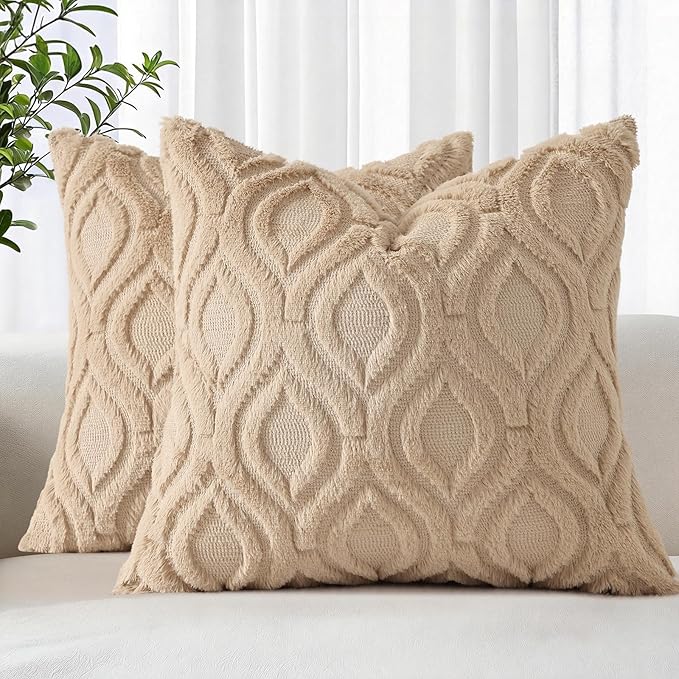 decorUhome Throw Pillow Covers 18x18 Inch Set of 2, Soft Plush Faux Wool Light Khaki Solid Couch Pillow Covers, Accent Farmhouse Neutral Square Pillow Cases for Sofa Bed Living Room