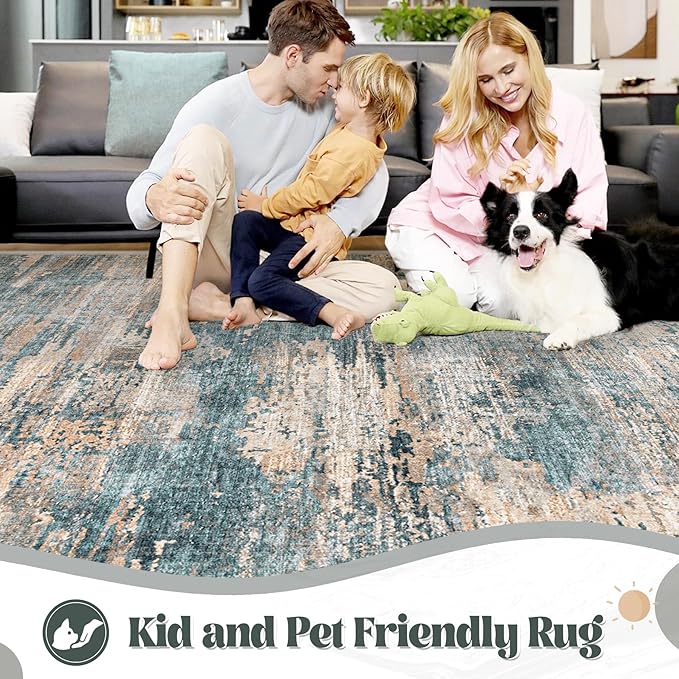 8x10 Area Rugs for Living Room, Washable Modern Abstract Large Area Rug Neutral Soft Non Slip Kids Rug Stain Resistant Indoor Carpet for Bedroom Nursery Dining Room Playroom(GreenBrown, 8'x10')