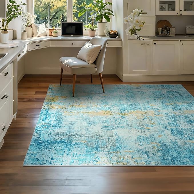 Entryway Rug 3x5 Teal Blue Bedroom Area Rug Washable Non Slip Abstract Boho Rugs for Indoor Entry, Kitchen, Classroom, Bathroom, Kids Girls Room, Office, College Dorm Small Carpet