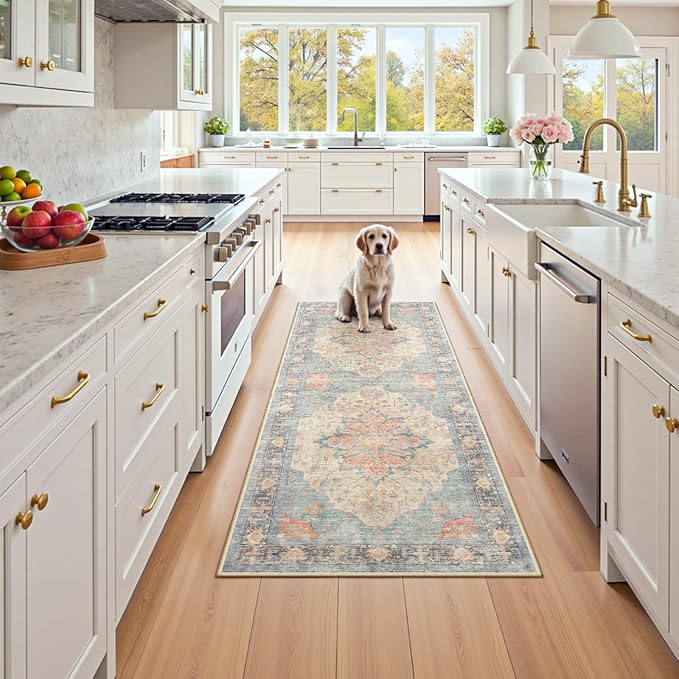 Area Rugs 2'x6' Runner Rug Non Slip Washable for Kitchen Hallway Bedroom Beside Laundry Room Bathroom Rug, Floor Carpet, Blue Orange Red
