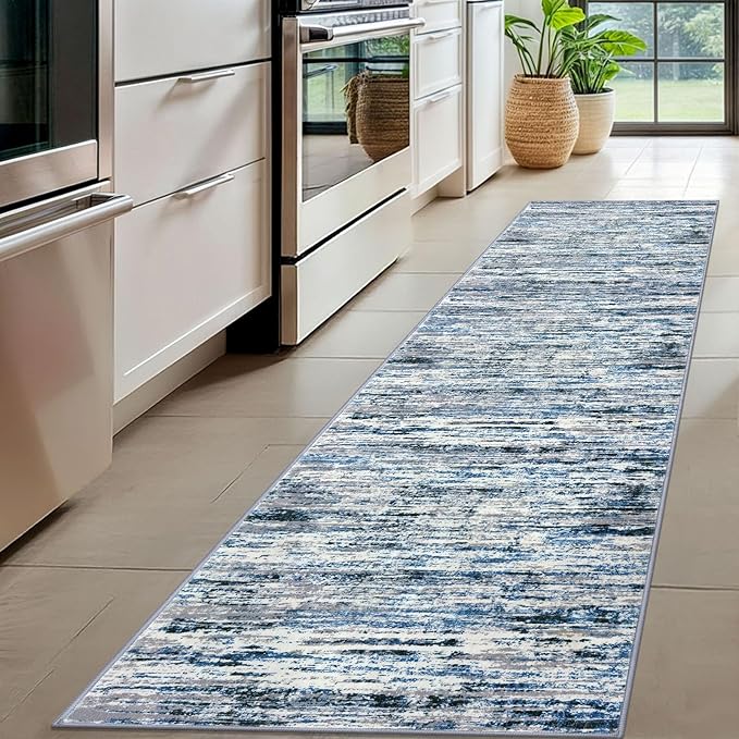 Lansny Modern Abstract Hallway Runner Rug, Grey Blue White Washable Kitchen Runner Non-Slip Soft 2x8 Runner Rug Thin Print Faux Wool Carpet for Entryway Bedroom Laundry Room Indoor Home Decor