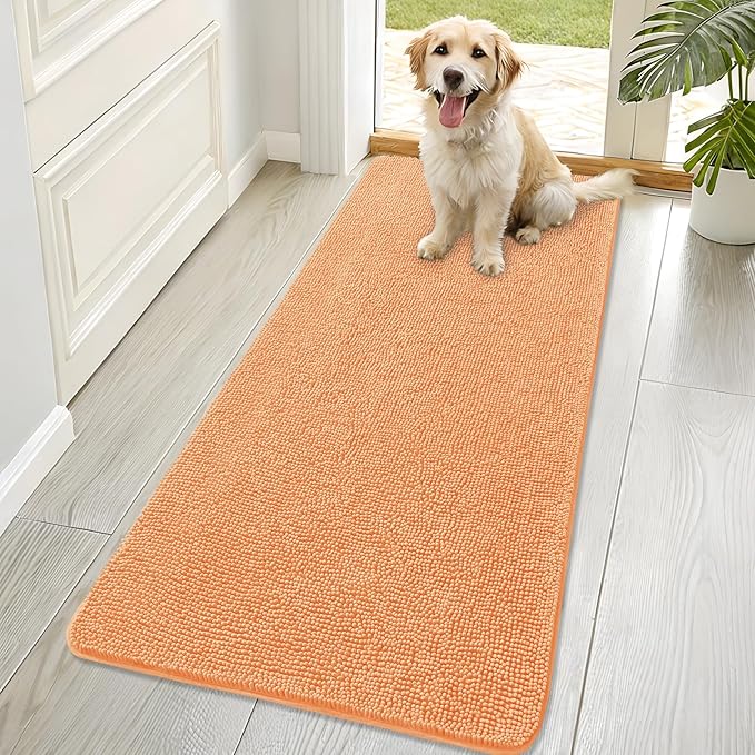 OLANLY Dog Door Mat for Muddy Paws 70x32, Absorbs Moisture and Dirt, Absorbent Non-Slip Washable Doormat, Quick Dry Chenille Mud Mat for Dogs, Entry Indoor Entryway Carpet for Inside Floor, Orange