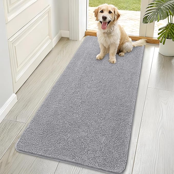 OLANLY Dog Door Mat for Muddy Paws 70x35, Absorbs Moisture and Dirt, Absorbent Non-Slip Washable Doormat, Quick Dry Chenille Mud Mat for Dogs, Entry Indoor Entryway Carpet for Inside Floor, Light Grey