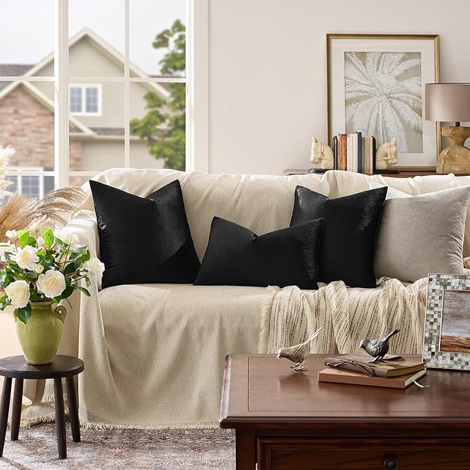 GIGIZAZA Black Velvet Pillow Covers 20x20,Decorative Square Throw Pillows Modern Covers Big Solid Living Room Pillow Cases for Couch Pack of 2