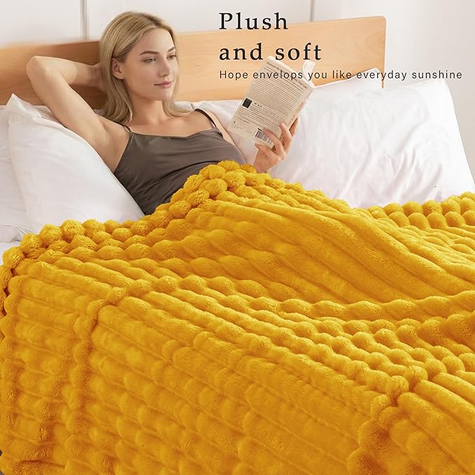 Exclusivo Mezcla Queen Size Flannel Fleece Blanket, Super Soft Striped Jacquard Bed Blanket, Lightweight Fuzzy Cozy for All Seasons, 90x90 Inches, Mustard Yellow