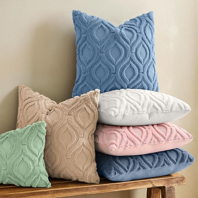 decorUhome Throw Pillow Covers 22x22 Inch Set of 2, Soft Plush Faux Wool Dusty Blue Solid Couch Pillow Covers, Accent Euro Sham Farmhouse Neutral Square Pillow Cases for Sofa Bed Living Room