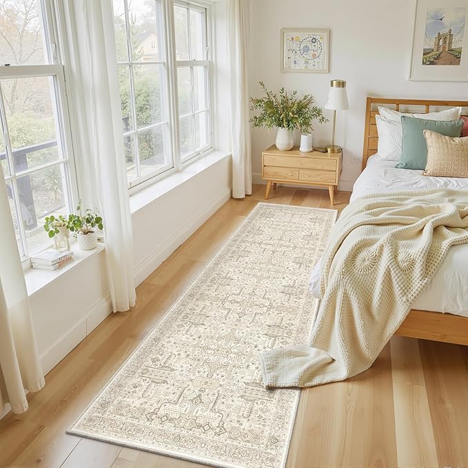Washable 2x8 Runner Rug - Non Slip Vintage Kitchen Runner Rugs Low-Pile Distressed Long Rugs for Hallway Waterproof Indoor Carpet for Living Room Bedroom Entryway 2'x8' Beige