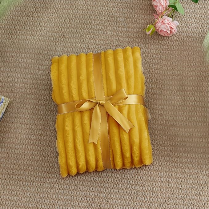BEDELITE Twin Blanket for Couch & Bed, 300GSM Soft & Warm Fleece Blanket, Decorative and Giftable Striped Mustard Yellow Blankets for Women, Men, 60"x80"