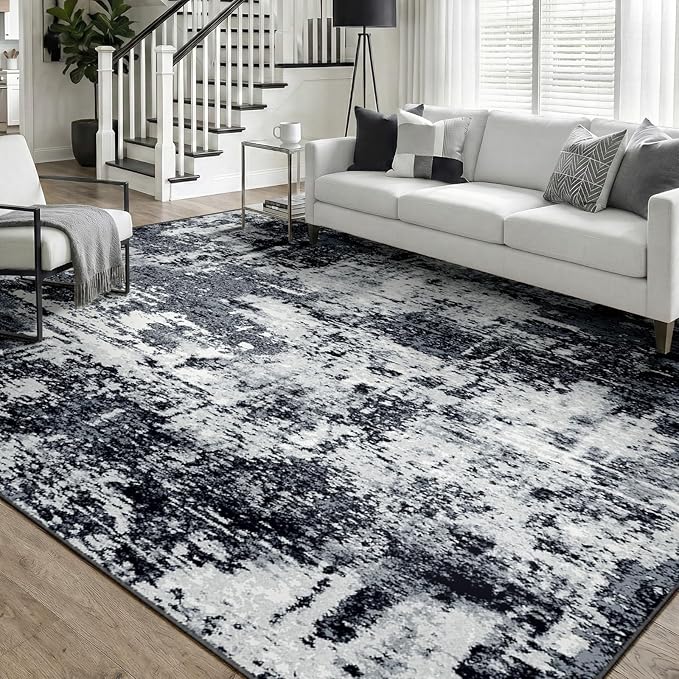 Washable Area Rugs 6'x9' Non-Slip Modern Abstract Soft for Living Room Entryway Bedroom Nursery, Print Pattern, Black Navy Blue Gray
