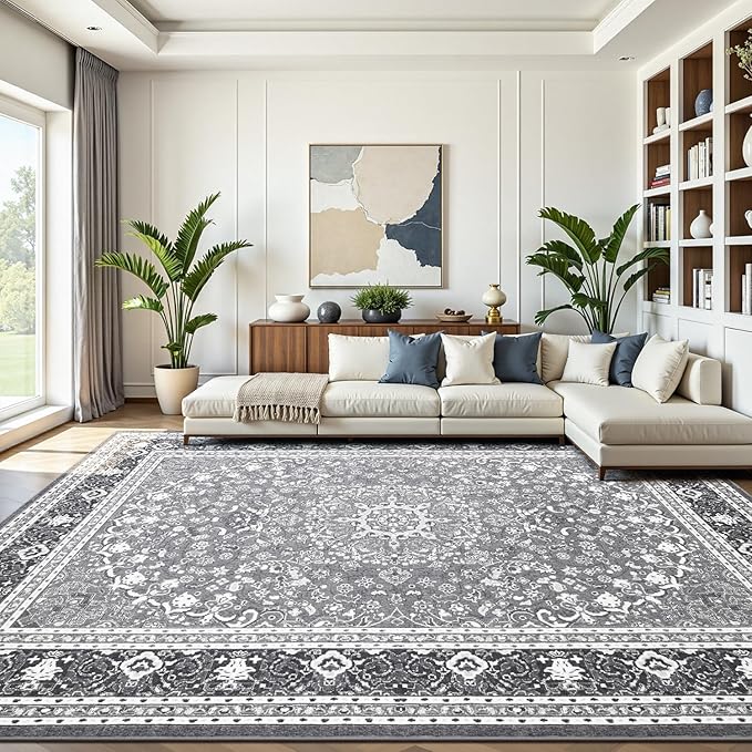 Lofus 9x12 Area Rugs for Living Room, Machine Washable Non-Slip Area Rug, Low Pile Large Rugs for Bedroom, Kitchen, Dining Room, Home Office, Vintage Oriental Print Rug, Light Grey with White