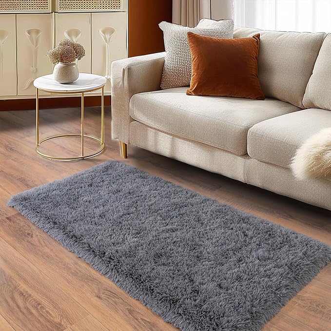 Ultra Soft Runner Rugs for Bedroom Hallways with Upgraded Non-Slip Rubber Backing & Thick Memory Sponge, 2x4 Feet Fluffy Shag Throw Area Rug for Bedside Dorm Dark Grey