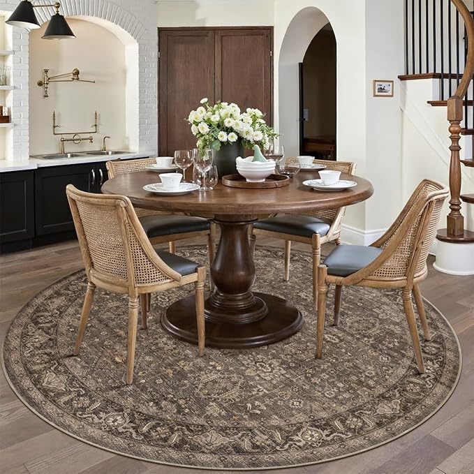 8x8 Washable Round Rug for Living Room Bedroom Vintage Brown Non Slip Carpet Traditional Retro Soft Low Pile Large Cirlce Rug for Dining Room Kitchen Office Indoor