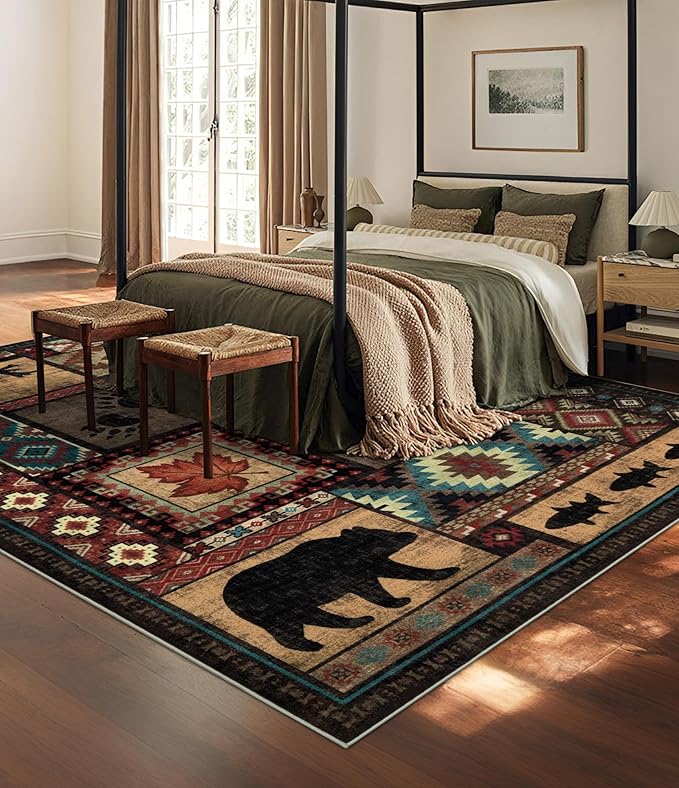YIHOUSE Rustic Cabin Area Rug 6x9,Machine Washable Lodge Bear Rug,Non-Slip Low Pile Print Pattern Southwestern Rug for Living Room Bedroom