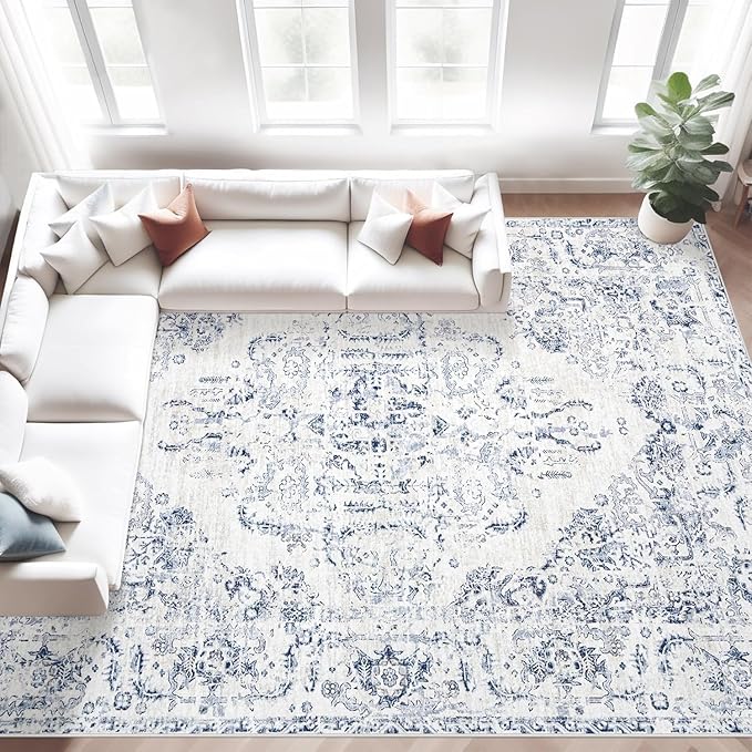 10x14 Area Rugs for Living Room: Washable Rug Vintage Large Rugs Soft Non Slip Low Pile Rug Floral Distressed Floor Carpet for Bedroom Nursery Dining Room Home Office (Blue,10'x14')