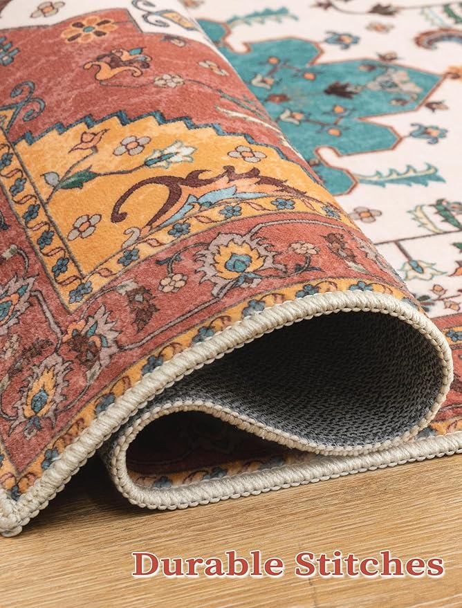 SERISSA Boho Washable Runner Rug, 2'6"x10' Long Non-Slip Vintage Orange Hallway Kitchen Stair Runner Rug Ultra Soft Print Distressed Floor Carpet for Bedroom Bathroom Laundry Room