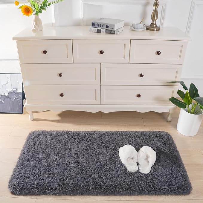 Chicrug Soft Runner Rugs for Bedroom Living Room Plush Fluffy Rug 2x4 Feet, Shag Furry Area Rug Carpet Non Shedding for Nursery Children Kids Girls Room Home Decorative, Coal Grey