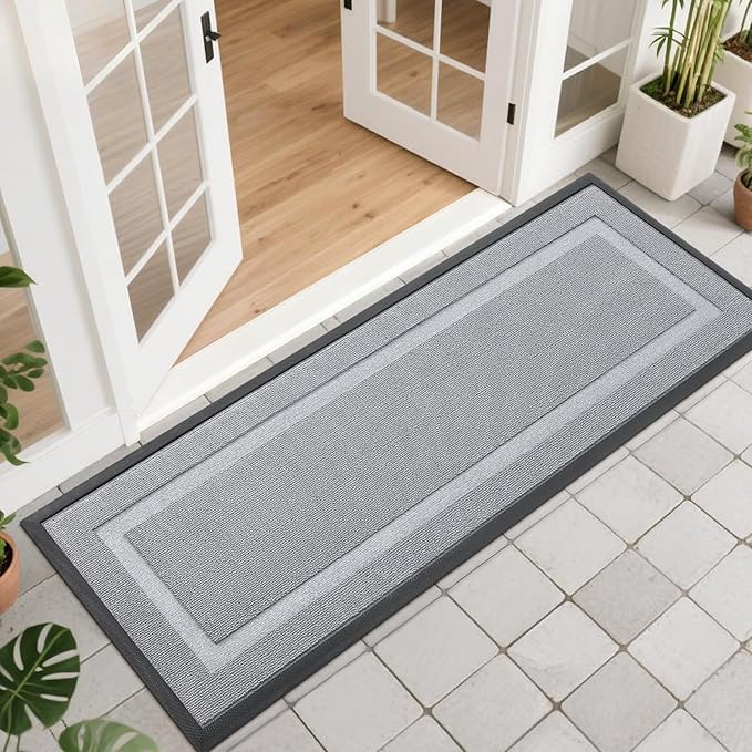OLANLY Front Door Mat Indoor Outdoor Entrance, Waterproof All-Season, All-Weather Doormat, Sturdy Natural Rubber, Low Profile, Easy Clean Patio Porch Entryway Mat, 47x17, Silver Gray