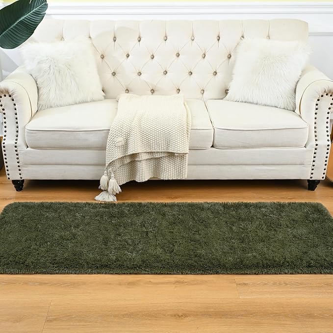Goideal Fluffy Runner Rug for Bedroom Living Room, 2x6 Olive Green Bedside Rugs, Faux Fur Shag Modern Carpet Ultra Soft Girls Boys Room Home Decor, Solid
