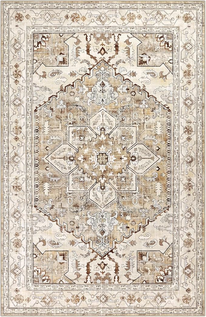 Yamaziot Area Rug 8x10, Non-Slip Washable Boho Vintage Living Room Bedroom Rug with Rubber Backing, Low Pile Faux Wool Soft Distressed Rug Floor Carpet for Living Room, Bedroom