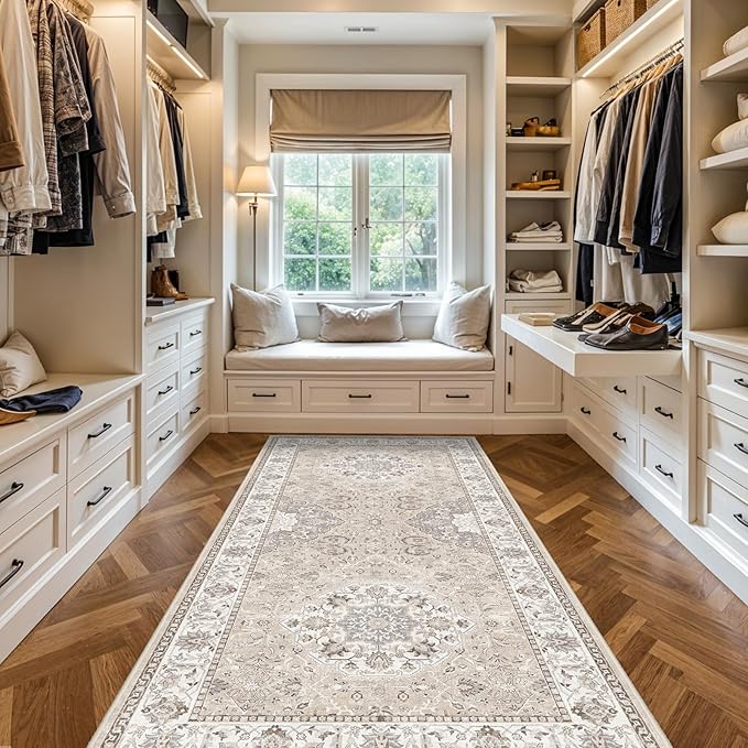 Washable 4x8 Hallway Runner Rug: Vintage 8ft Soft Runners for Entry Kitchen Wide Non Slip Low Pile Carpet for Living Room Bedroom Thin Water Resistant Carpet for Bathroom Dining Room Foyer(Beige,4x8)