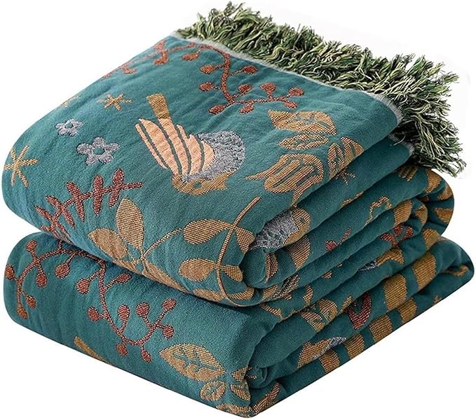 MSGKV Boho Throw Blanket 100% Cotton Blankets for Bed Couch 60''x80'', Spring Breathable Farmhouse Bird Blankets Quilt Muslin Home Decor