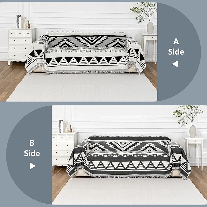 MYSKY HOME Sectional Couch Cover Black Boho Geometric Sofa Covers for Sectional Sofa L Shape Chenille Couch Protector for Dogs Pets Couch Throw Cover Washable Durable for Home Decor, 71" X118"
