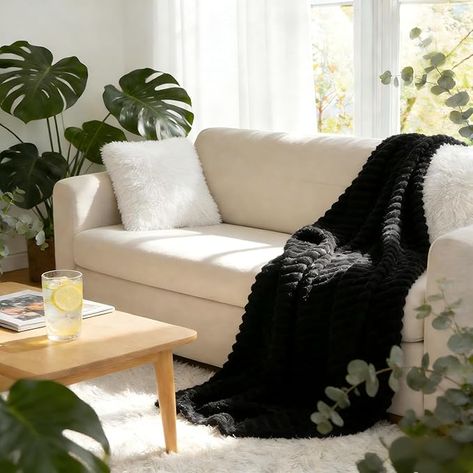 HIMEET Black Ribbed Throw Blanket for Couch - 300GSM Lightweight Soft Fleece Blanket for Women Men, Cozy Blankets for Mothers Gifts, Striped Spring Home Room Decor, Black, 50x60 Inches