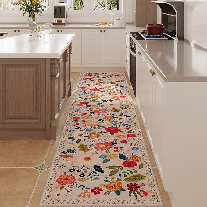 Rugcomf Runners for Hallways Kitchen Runner Rug Non Slip 2'x 10' Long Washable Rugs with Rubber Backing Soft Floral Carpet Runner for Hallways, Kitchen, Laundry, Bedroom, Bathroom(Beige)