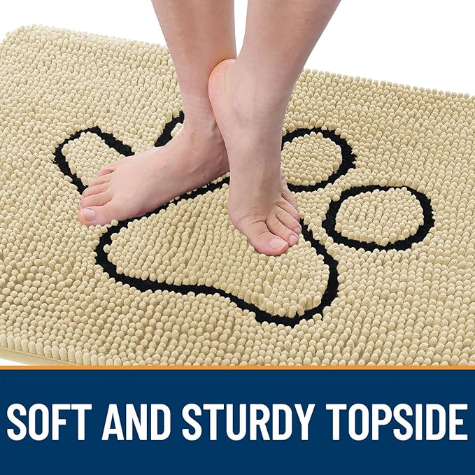 OLANLY Dog Door Mat for Muddy Paws 36x24, Paw Print Design, Absorbs Moisture and Dirt, Absorbent Non-Slip Washable Doormat, Quick Dry Chenille Mud Mat for Dogs, Entry Indoor Entryway Carpet, Sand