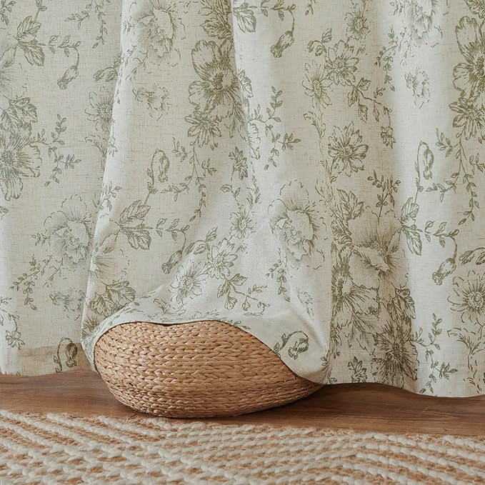 jinchan Linen Blend Floral Curtains for Living Room 63 Inches Extra Long Farmhouse Printed Curtain Back Tab Green Peony Flower Patterned Drapes Bedroom Window Curtains Set 2 Panels