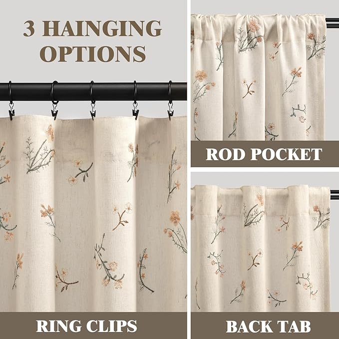 Floral Embroidered Linen Blend Curtains for Bedroom, 84 Inch Light Filtering Spring Farmhouse Vintage Drapes Beige Flower Window Treatments for Living Room Rod Pocket, Set of 2 Panels