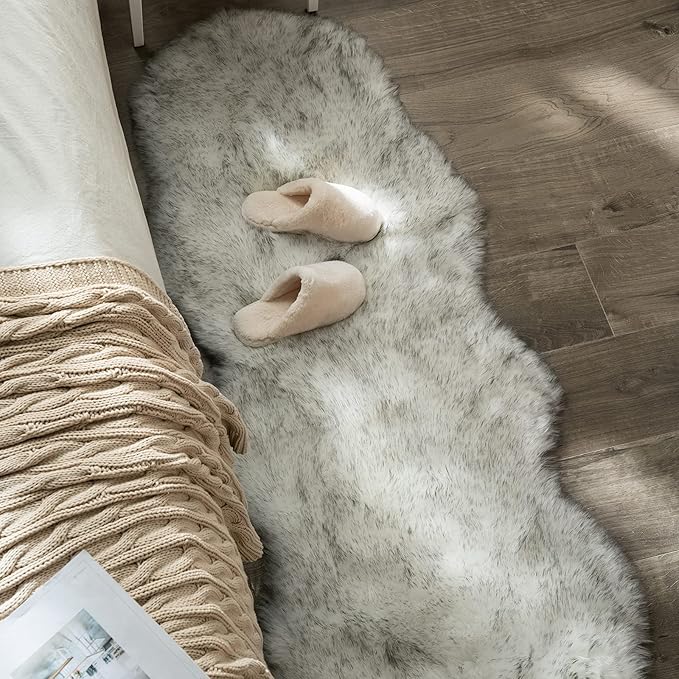MIULEE Luxury Super Soft Fluffy Area Rug Faux Fur Sheepskin Rug Decorative Plush Shaggy Carpet for Bedside Sofa Floor Nursery 2 x 6 Feet, Gradient Grey