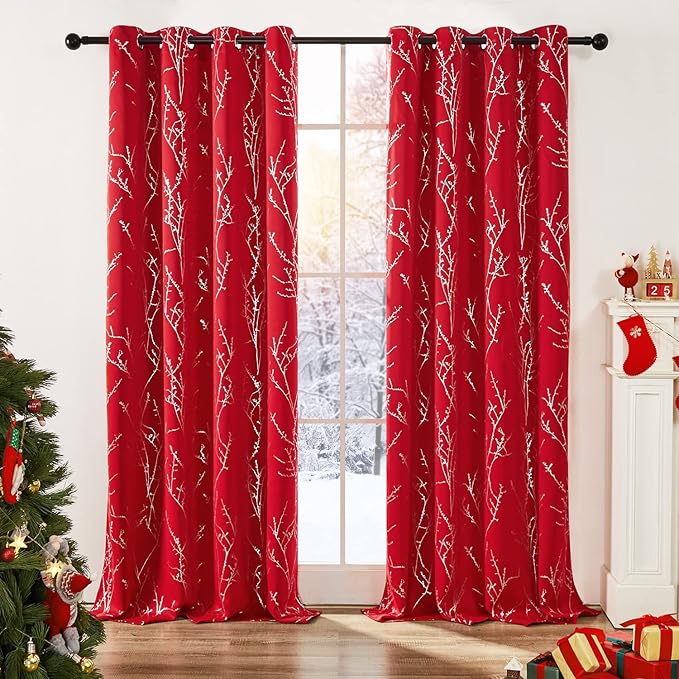 Deconovo Christmas Red Curtains, Blackout Drapes, Soundproof Curtain, Silver Print, 52 x 95 Inch Long, 2 Panels, Machine Washable Window Panel for Living Room Bedroom Festival Party Decoration Kitchen