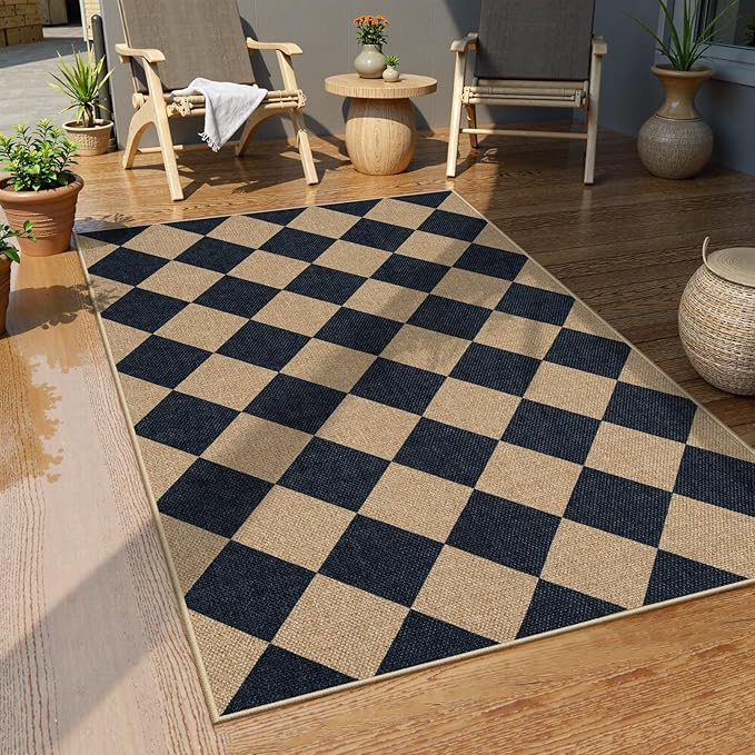 Lahome Colette Checkered Easy Jute 3x5 Outdoor Patio Rug, Washable Rugs for Entryway Diamond Indoor Outdoor Living Room Carpet, Farmhouse Neutral Non Slip Black Door Carpet for Backyard Bedroom