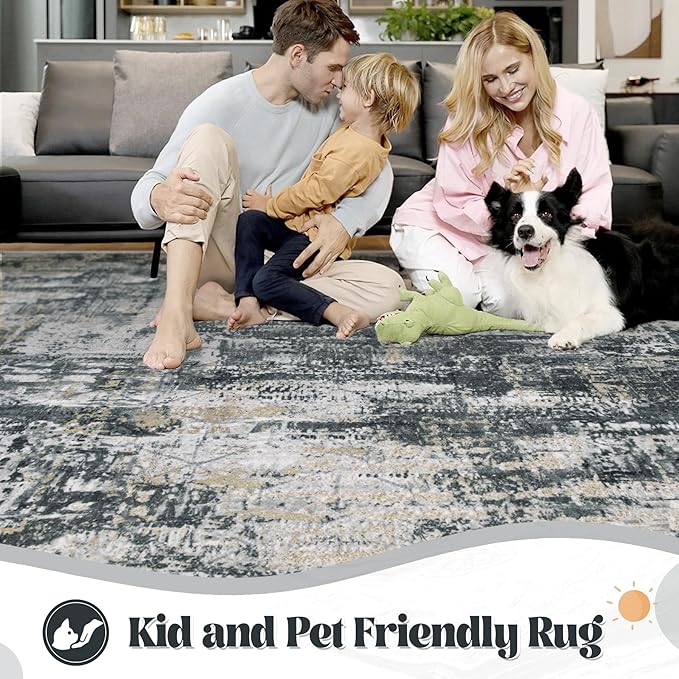 5x7 Area Rugs for Living Room, Washable Modern Abstract Large Area Rug Neutral Soft Non Slip Kids Rug Stain Resistant Indoor Carpet for Bedroom Nursery Dining Room Playroom(BlackGreyGold,5'x7')