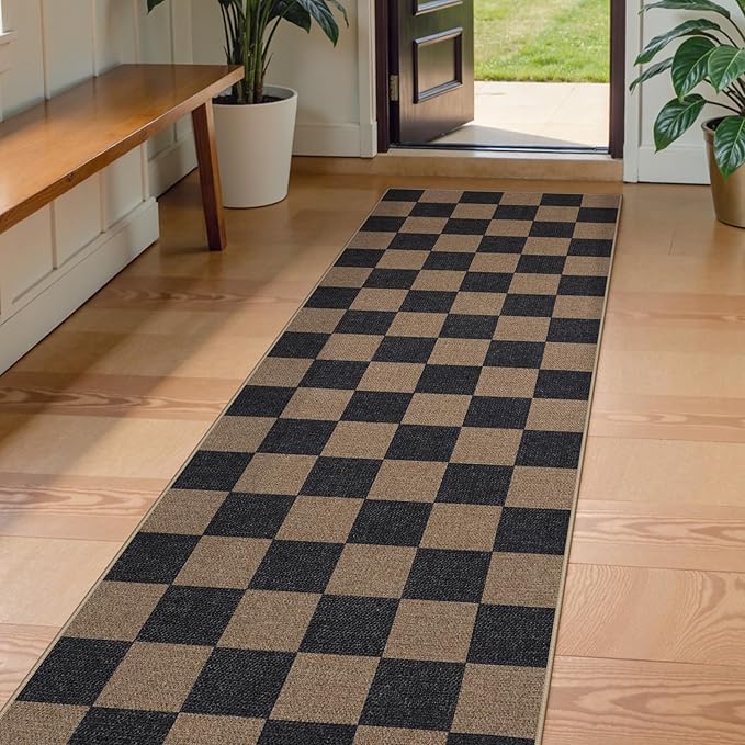 Lahome Colette Checkered Easy Jute 2x8 Runner Rug, Washable Kitchen Runner Rug Non Slip for Entryway Indoor, Checkerboard Black Indoor Outdoor Carpet for Hallway 8ft Entry Laundry Porch