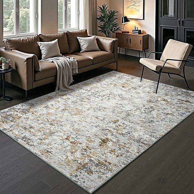 Toneed Abstract Area Rug Modern Washable Rug Soft Non Slip Rug Low Pile for Bedroom Living Room Dining Room Brown Grey Gold 3x5 Feet