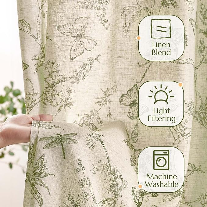 jinchan Floral Curtains Lined Linen Blend Curtain for Living Room 84 Inch Length Sage Green Farmhouse Flower Patterned Curtain French Country Curtains Drapes Back Tab Rod Pocket 2 Panels