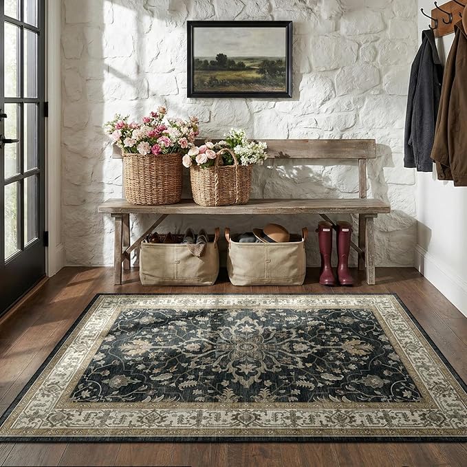 Area Rugs 3'x5' Washable Non-Slip, Floral Vintage Distress Print Pattern Medallion Carpet for Living Room Bedroom Dining Room, Vintage Black Brown Neutral