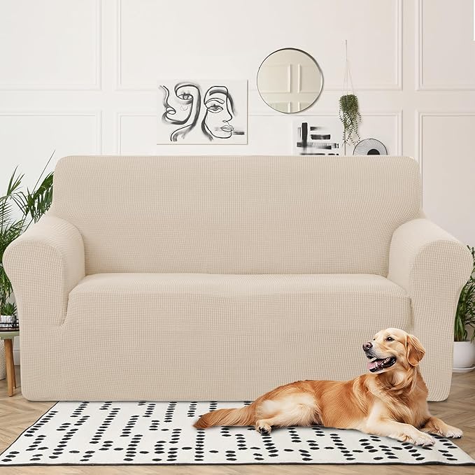 U-NICE HOME Oversized Stretch Loveseat Couch Cover Sofa Covers Washable Sofa Slipcover Furniture Protector for 2 Cushion Couch Sofa Pet Friendly, Beige