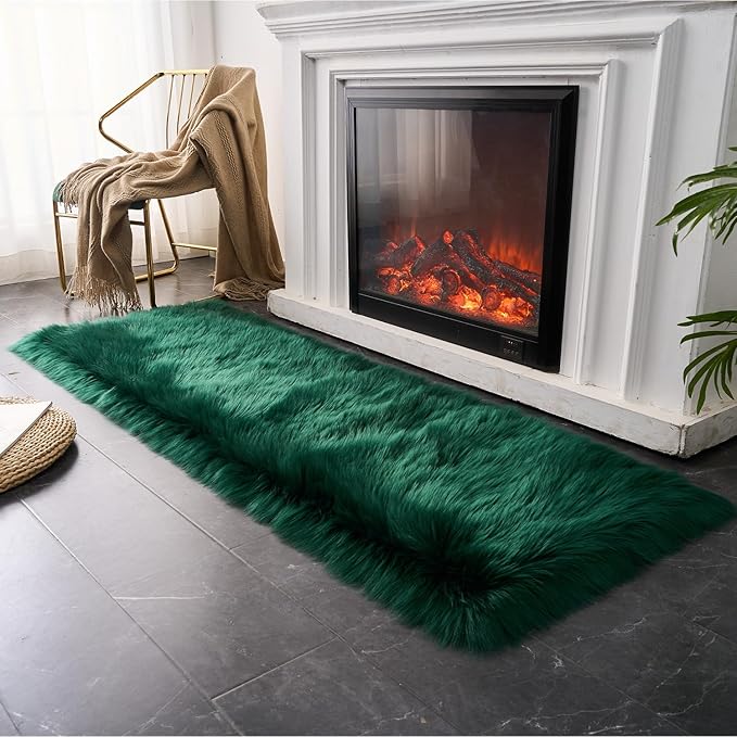 EasyJoy Ultra Soft Fluffy Rugs Faux Fur Rug Chair Cover Seat Pad Fuzzy Area Rug (2x6 ft Rectangle, Dark Green)
