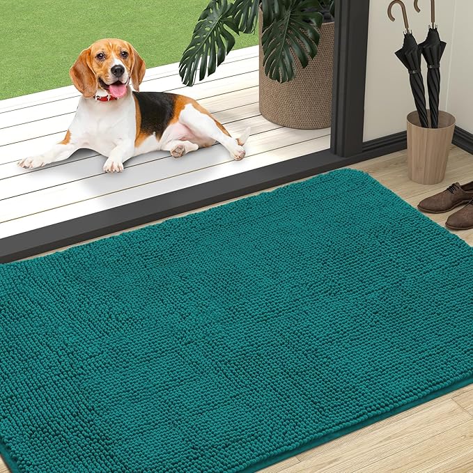 OLANLY Dog Door Mat for Muddy Paws 47x32, Absorbs Moisture and Dirt, Absorbent Non-Slip Washable Doormat, Quick Dry Chenille Mud Mat for Dogs, Entry Indoor Entryway Carpet for Inside Floor, Lake Blue
