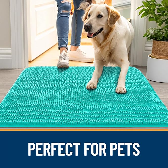 OLANLY Dog Door Mat for Muddy Paws 32x20, Absorbs Moisture and Dirt, Absorbent Non-Slip Washable Doormat, Quick Dry Chenille Mud Mat for Dogs, Entry Indoor Entryway Carpet for Inside Floor, Teal