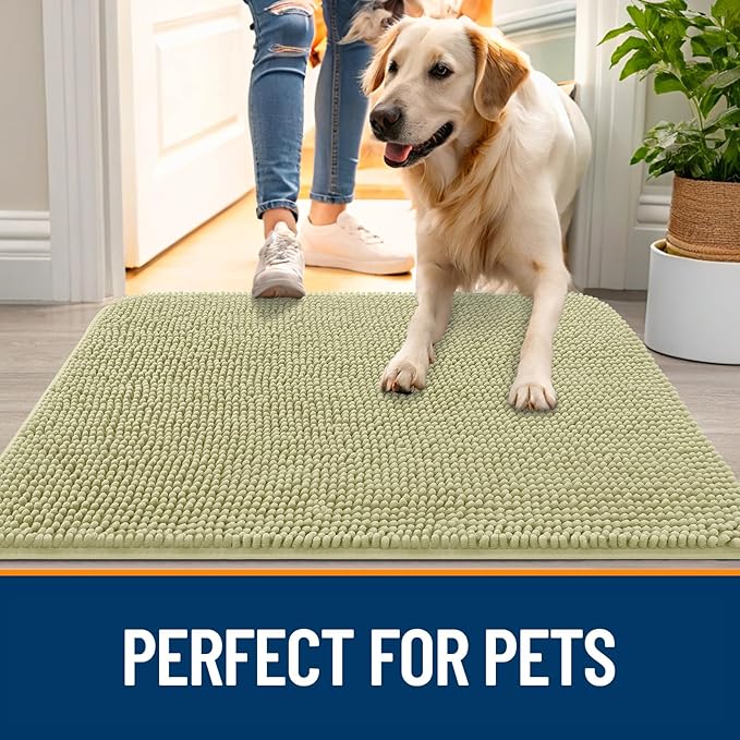 OLANLY Dog Door Mat for Muddy Paws 47x24, Absorbs Moisture and Dirt, Absorbent Non-Slip Washable Doormat, Quick Dry Chenille Mud Mat for Dogs, Entry Indoor Entryway Carpet for Inside Floor, Vanilla