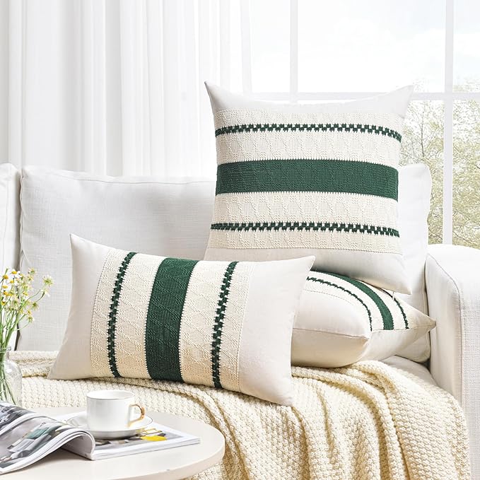 Fancy Homi Set of 1 Dark Green Boho Lumbar Decorative Throw Pillow Covers 12x20 Inch for Couch Bed Sofa Bedroom, Modern Farmhouse Vintage Forest Green Living Room Decor