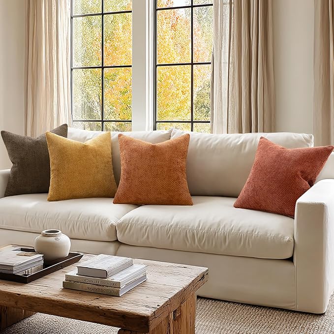 MIULEE Pack of 4 Orange/Yellow Couch Throw Pillow Covers 20x20 Inch Halloween Soft Decorative Chenille Pillows Farmhouse Accent Cushions for Boho Home Decor Spring Sofa Bedroom Living Room